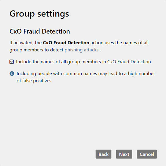 cxo fraud detection group settings