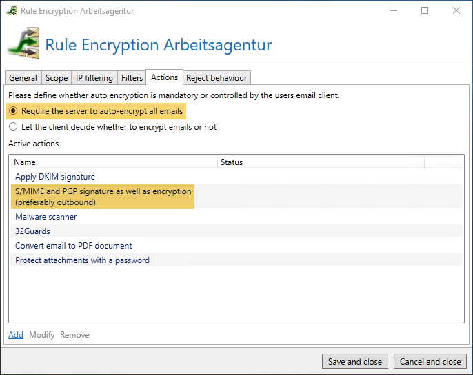 Automatically encrypt emails to the Arbeitsagentur: Configuring the action