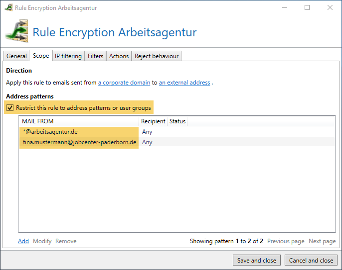 Automatically encrypt emails to the Arbeitsagentur: Specifying the scope